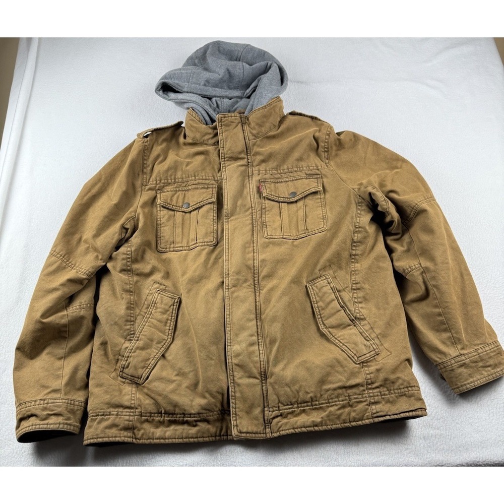 Levi's Detachable Hood Canvas Utility Chore Jacket Mens L Brown Sherpa
